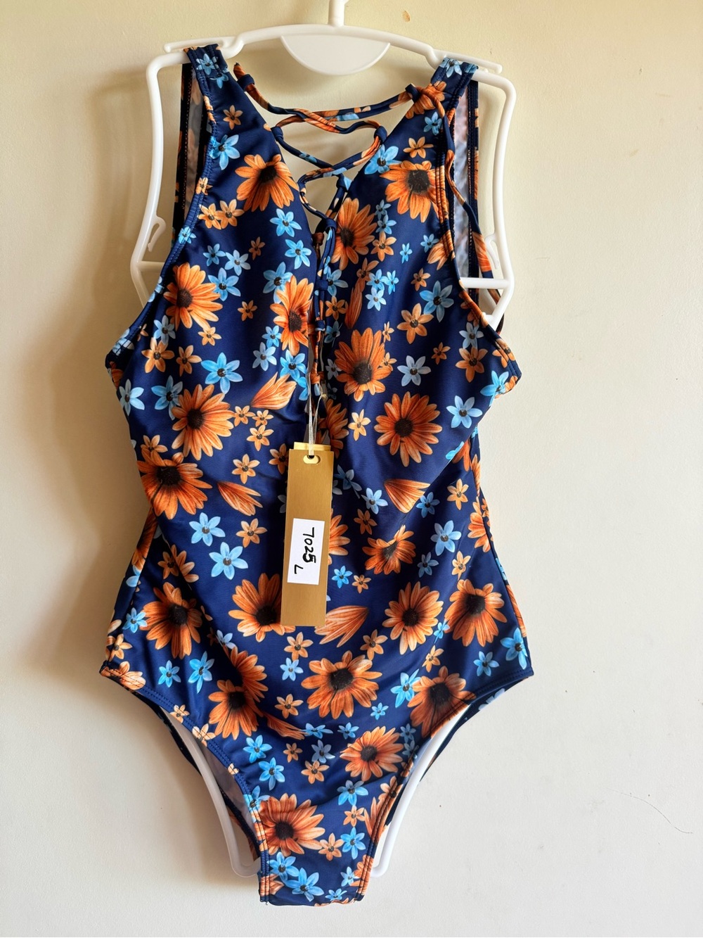 Floral Lace-Up One-Piece Swimsuit - Navy & Orange. Size L